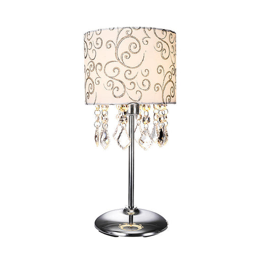 Modern Cylindrical Fabric Night Lamp - Stylish Bedroom Table Light In Nickel With Swirl Pattern And