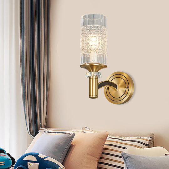 Gridded Crystal Wall Light Retro Brass Sconce For Living Room