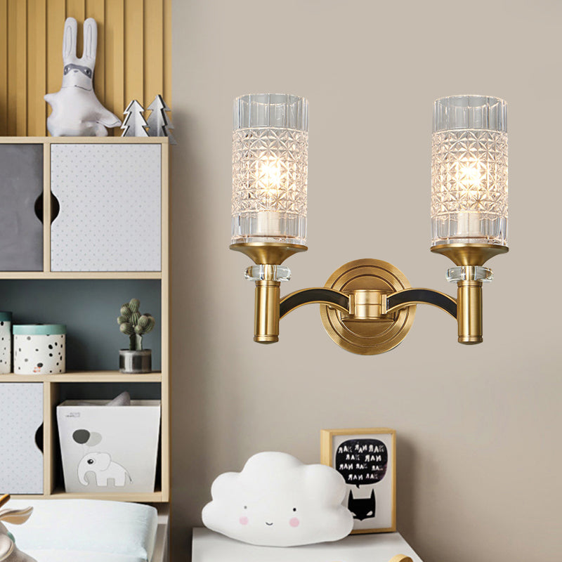 Gridded Crystal Wall Light Retro Brass Sconce For Living Room