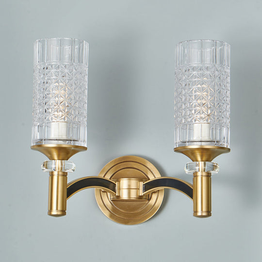 Gridded Crystal Wall Light Retro Brass Sconce For Living Room