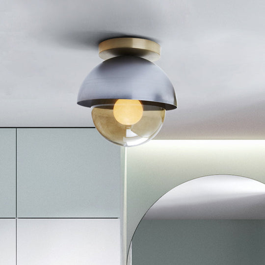 Modern Metal Dome Flush Ceiling Light with Orb Amber Glass Shade - Grey Flushmount Lamp