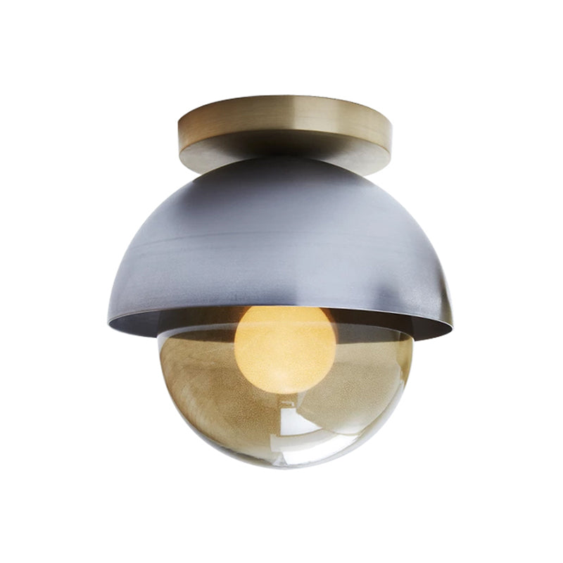 Modern Metal Dome Flush Ceiling Light with Orb Amber Glass Shade - Grey Flushmount Lamp