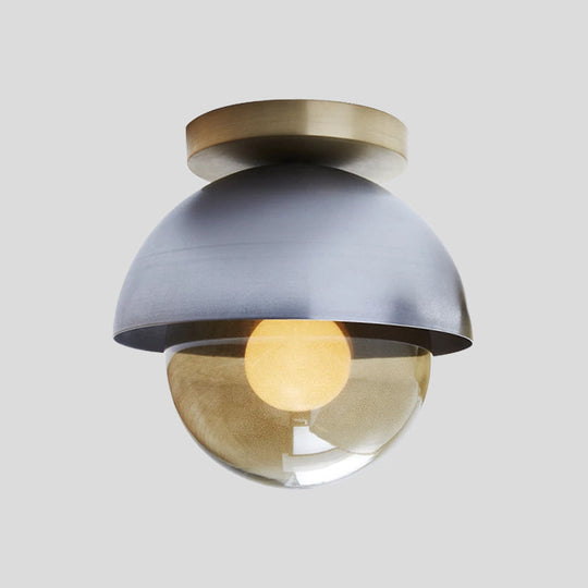 Modern Metal Dome Flush Ceiling Light with Orb Amber Glass Shade - Grey Flushmount Lamp