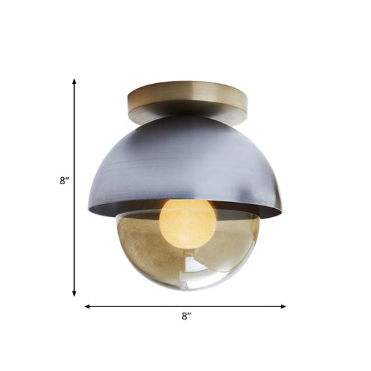 Modern Metal Dome Flush Ceiling Light with Orb Amber Glass Shade - Grey Flushmount Lamp