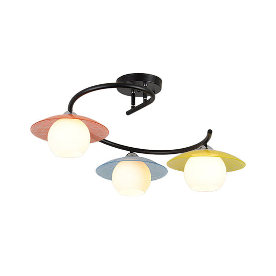 Semi Flush Mount Lamp with Modernist Red-Yellow-Blue Glass and Global Shade - Black Spiral Design, 3 Heads