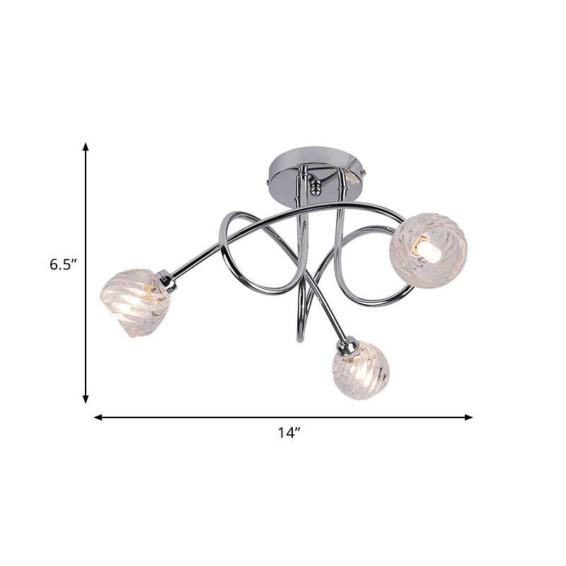 Modern Pineapple Semi Mount LED Ceiling Lamp - Clear Glass, 3 Lights, Chrome Twisted Arm - Ideal for Bedrooms