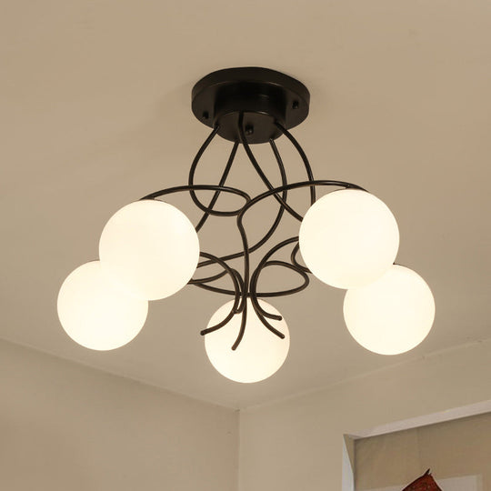 Modern Iron Swirling Semi Flush Ceiling Light with Opal Glass Shade - 5 Heads, Black/White Finish