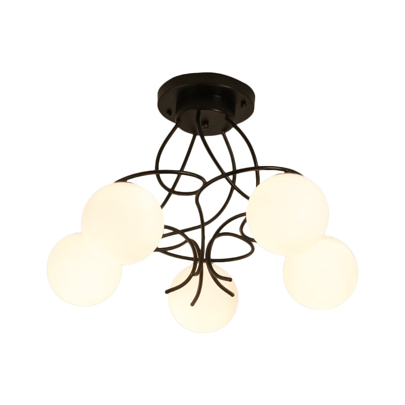 Modern Iron Swirling Semi Flush Ceiling Light with Opal Glass Shade - 5 Heads, Black/White Finish