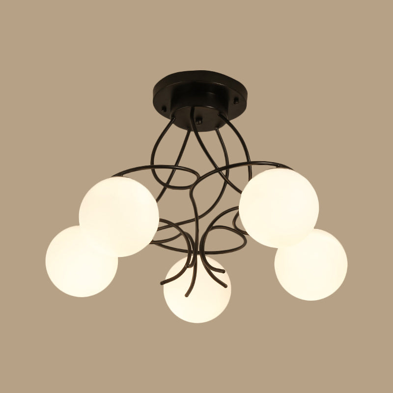 Modern Iron Swirling Semi Flush Ceiling Light with Opal Glass Shade - 5 Heads, Black/White Finish