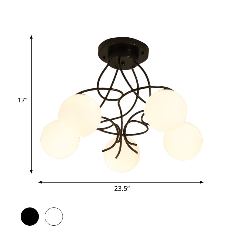 Modern Iron Swirling Semi Flush Ceiling Light with Opal Glass Shade - 5 Heads, Black/White Finish