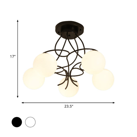 Modern Iron Swirling Semi Flush Ceiling Light with Opal Glass Shade - 5 Heads, Black/White Finish