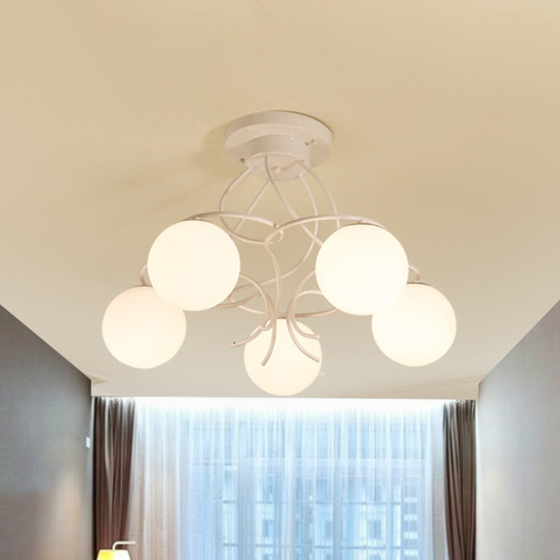 Modern Iron Swirling Semi Flush Ceiling Light with Opal Glass Shade - 5 Heads, Black/White Finish