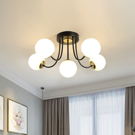 Modern Semi-Flush Ceiling Light: Spherical Design, White Frosted/Amber Glass, 5 Bulbs | Bedroom Flush Mounted Lamp