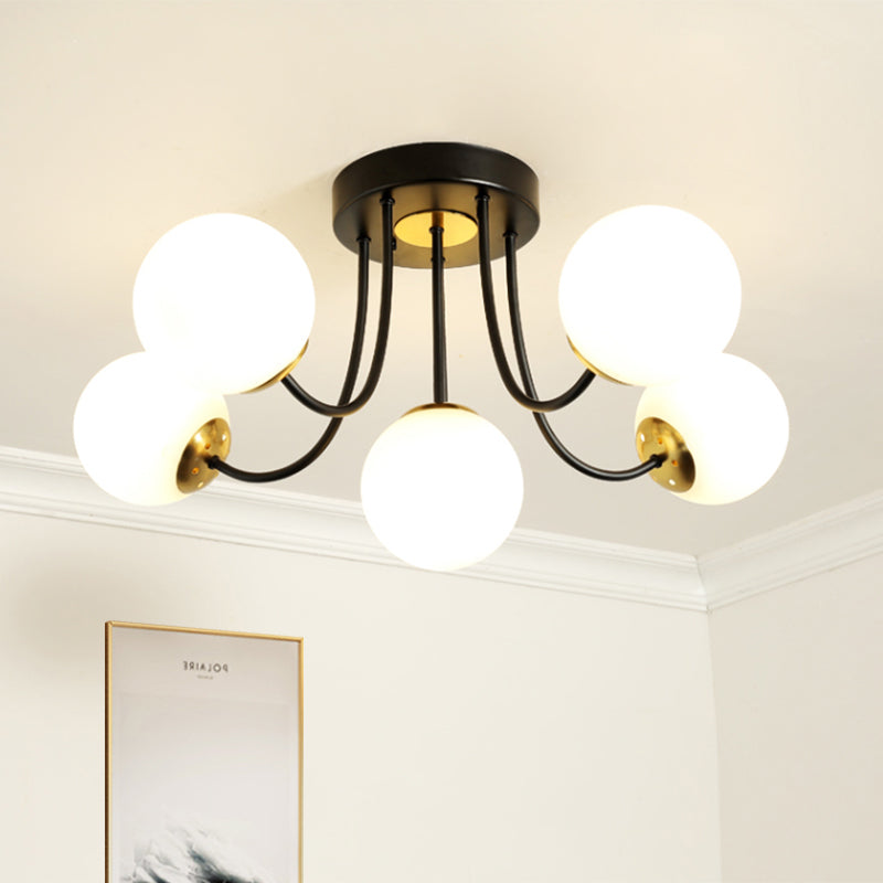 Modern Semi-Flush Ceiling Light: Spherical Design, White Frosted/Amber Glass, 5 Bulbs | Bedroom Flush Mounted Lamp