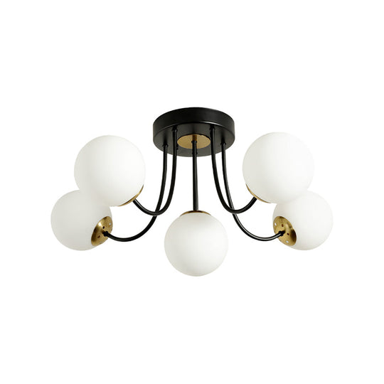 Modern Semi-Flush Ceiling Light: Spherical Design, White Frosted/Amber Glass, 5 Bulbs | Bedroom Flush Mounted Lamp