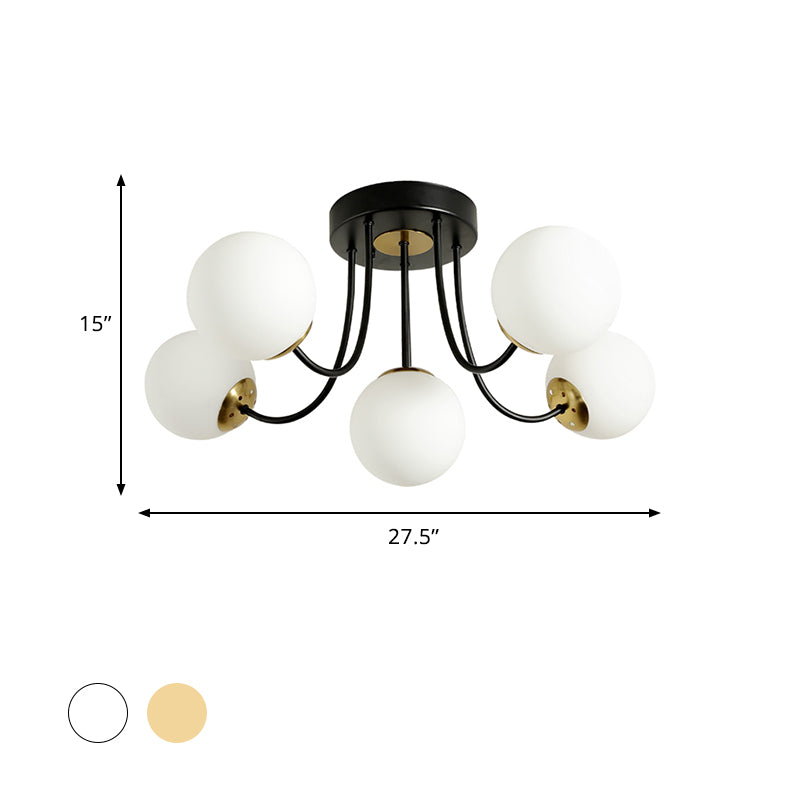 Modern Semi-Flush Ceiling Light: Spherical Design, White Frosted/Amber Glass, 5 Bulbs | Bedroom Flush Mounted Lamp