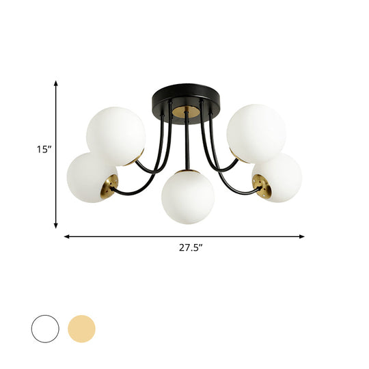 Modern Semi-Flush Ceiling Light: Spherical Design White Frosted/Amber Glass 5 Bulbs | Bedroom Flush