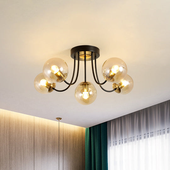 Modern Semi-Flush Ceiling Light: Spherical Design, White Frosted/Amber Glass, 5 Bulbs | Bedroom Flush Mounted Lamp