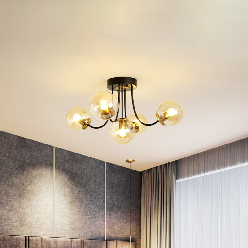 Modern Semi-Flush Ceiling Light: Spherical Design, White Frosted/Amber Glass, 5 Bulbs | Bedroom Flush Mounted Lamp