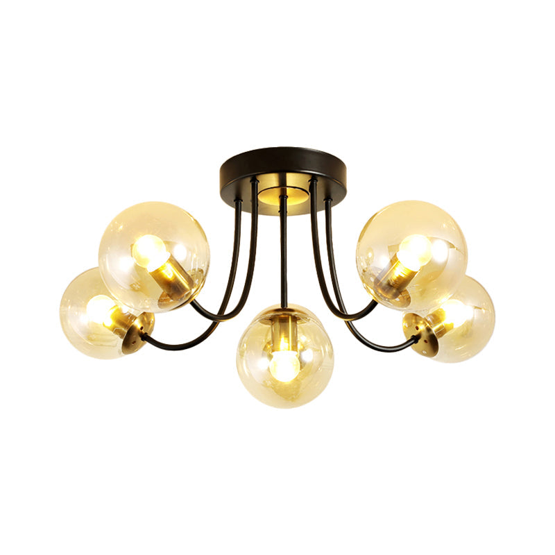 Modern Semi-Flush Ceiling Light: Spherical Design, White Frosted/Amber Glass, 5 Bulbs | Bedroom Flush Mounted Lamp