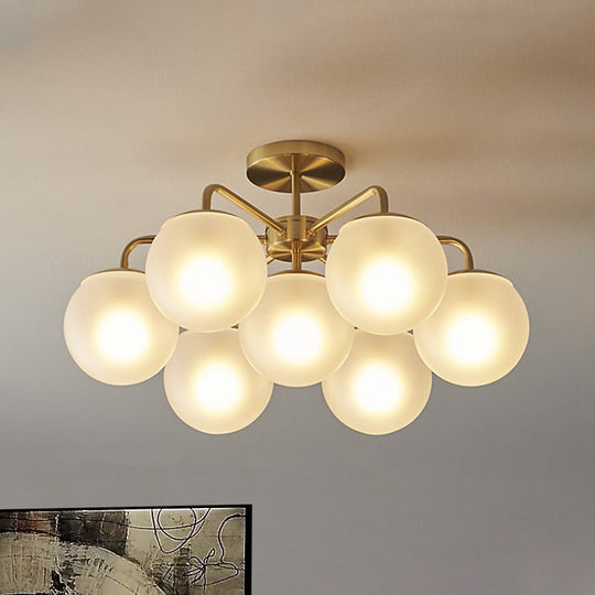 7-Head Bedroom Semi Flush Brass Ceiling Lamp with Radial Postmodern Design and Ball Foggy Glass Shade