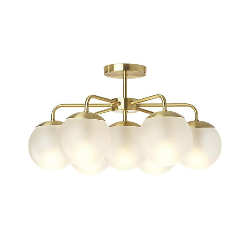 7-Head Bedroom Semi Flush Brass Ceiling Lamp with Radial Postmodern Design and Ball Foggy Glass Shade