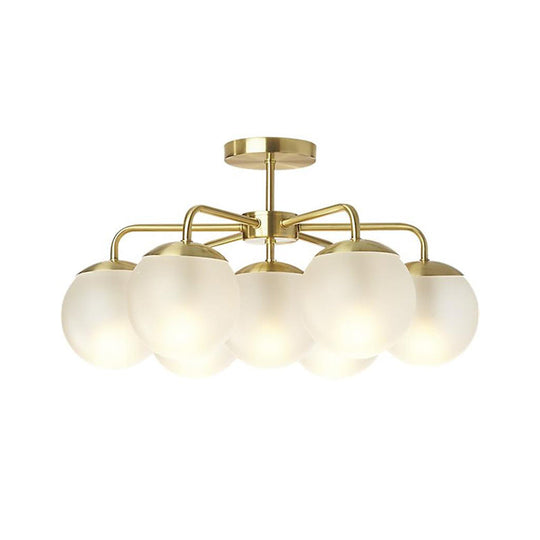 7-Head Bedroom Semi Flush Brass Ceiling Lamp with Radial Postmodern Design and Ball Foggy Glass Shade