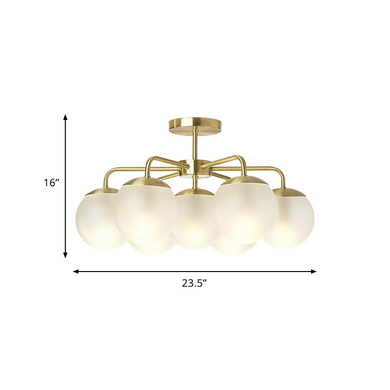 7-Head Bedroom Semi Flush Brass Ceiling Lamp with Radial Postmodern Design and Ball Foggy Glass Shade