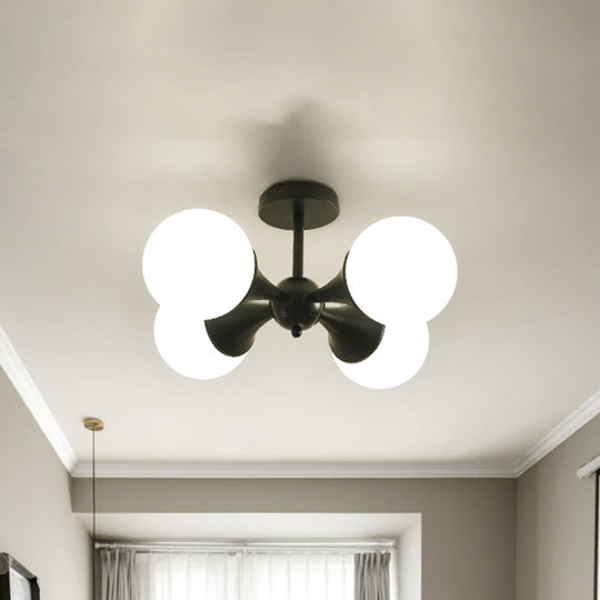 Modernist Flush Ceiling Lamp with Black Finish, 4-Bulb Semi Mount Lighting and Milk White Glass