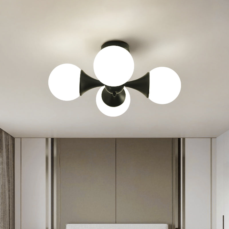 Modernist Flush Ceiling Lamp with Black Finish, 4-Bulb Semi Mount Lighting and Milk White Glass