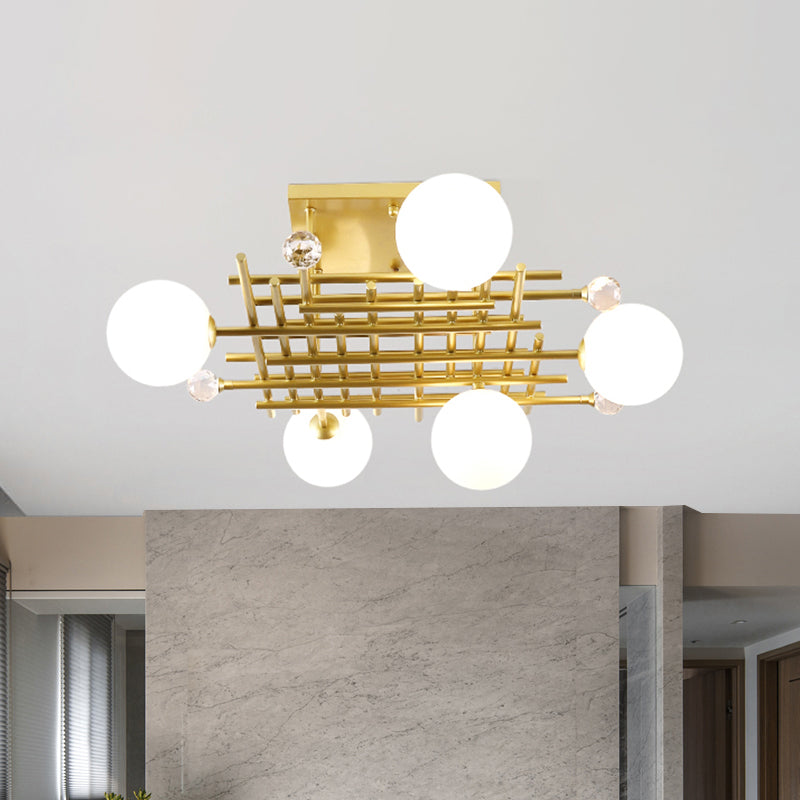 Designer Metallic Flush Mount Ceiling Lamp - Crossing Linear Semi Flush Light with Crystal Ball Deco - 5 Lights Brass