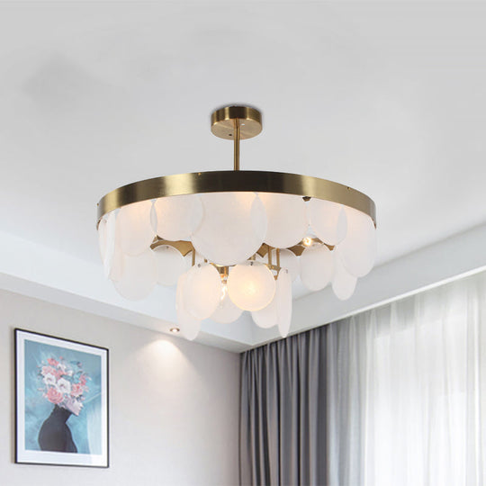 Post-Modern Circle Panel Flushmount White Glass Ceiling Light - 6 Bulbs, Brass with Ring Design