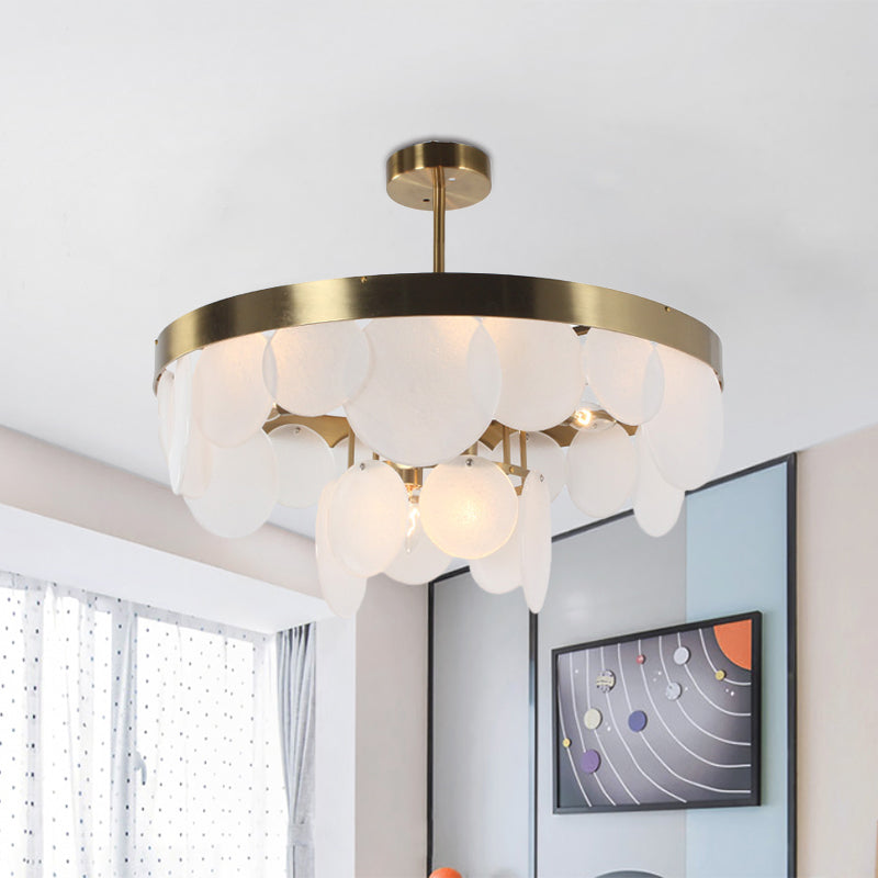 Post-Modern Circle Panel Flushmount White Glass Ceiling Light - 6 Bulbs, Brass with Ring Design