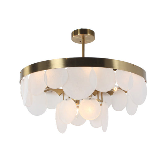 White Glass Semi Flushmount With Ring Design - 6 Bulb Bedroom Ceiling Light In Brass