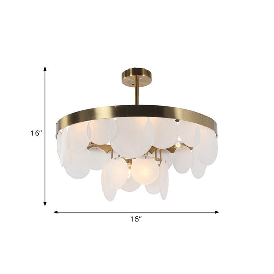 White Glass Semi Flushmount With Ring Design - 6 Bulb Bedroom Ceiling Light In Brass