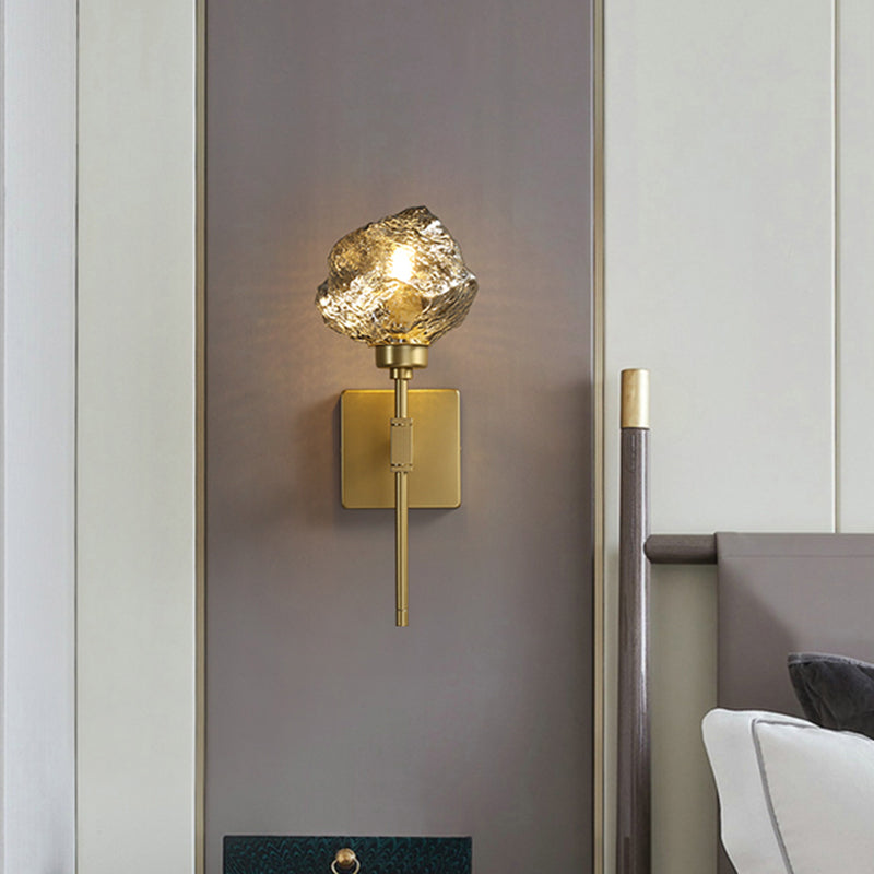 Post Modern Brass Ice Block Wall Light Sconce With Amber/Smoke Gray Glass - Mounted Lamp For Living