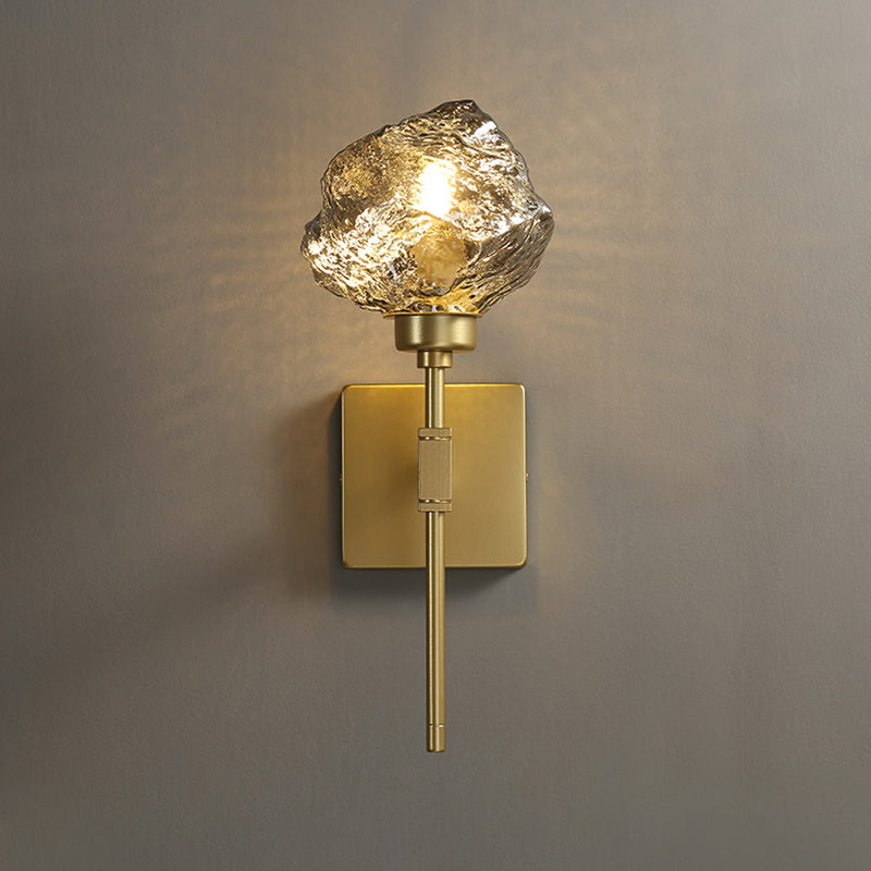 Post Modern Brass Ice Block Wall Light Sconce With Amber/Smoke Gray Glass - Mounted Lamp For Living