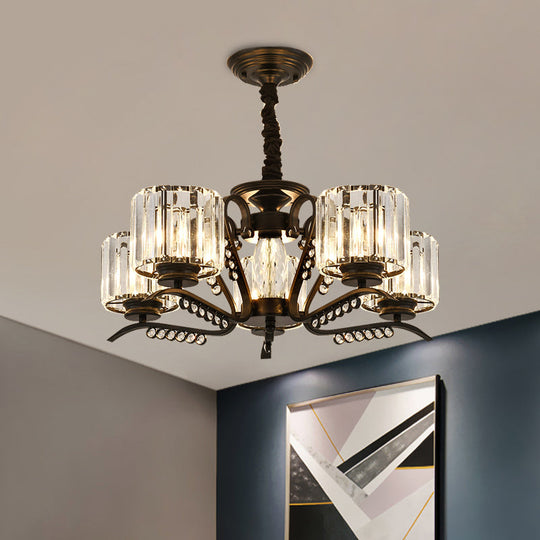 Modern Black Ceiling Chandelier with Crystal Cylinder Shade - 3/5 Heads - Perfect for Living Rooms