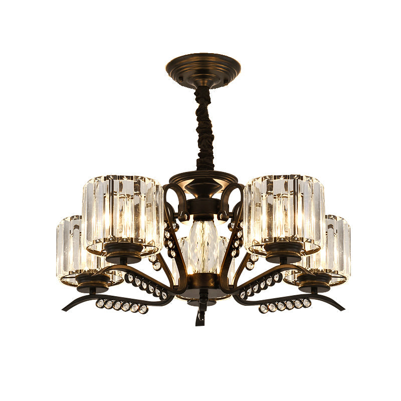 Modern Black Ceiling Chandelier with Crystal Cylinder Shade - 3/5 Heads - Perfect for Living Rooms