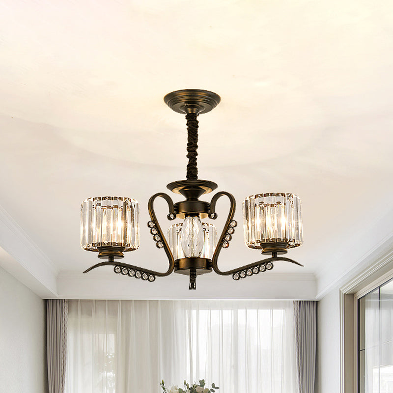 Modern Black Ceiling Chandelier with Crystal Cylinder Shade - 3/5 Heads - Perfect for Living Rooms