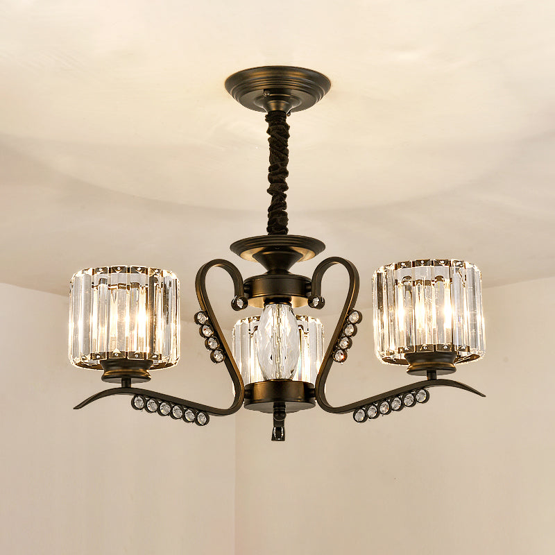 Modern 3/5-Head Black Chandelier With Crystal Shade - Ideal For Living Room Suspension Lighting