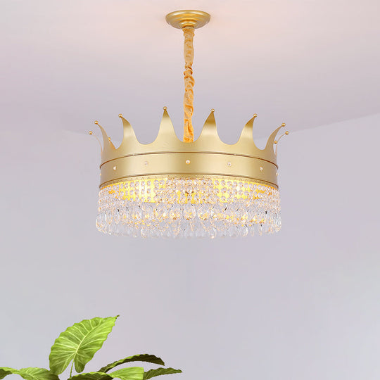 Gold Metal Chandelier Light - Modernist Crown Shape, 4-Bulb Pendant Lamp with Crystal Droplet for Stylish Living Room