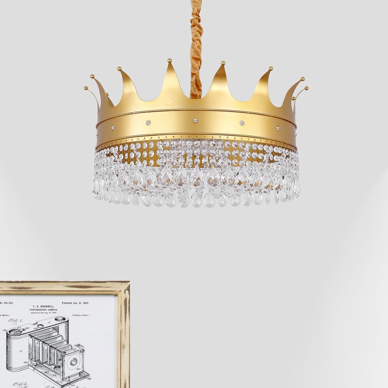 Gold Metal Chandelier Light - Modernist Crown Shape, 4-Bulb Pendant Lamp with Crystal Droplet for Stylish Living Room