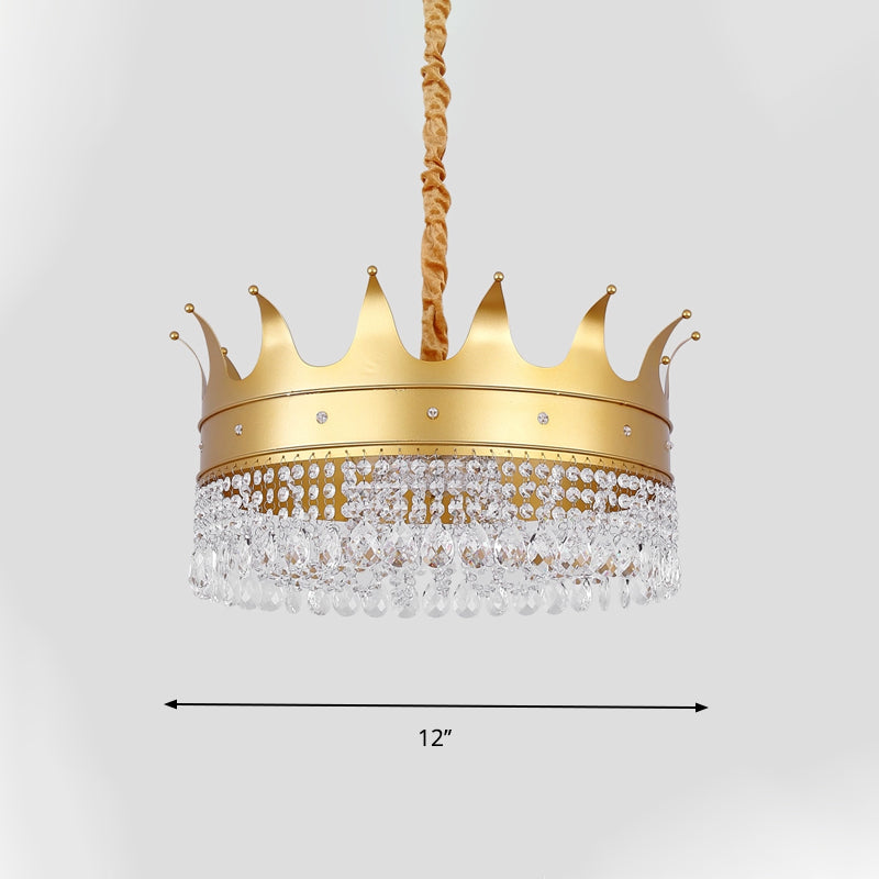 Gold Crown Chandelier With Crystal Droplets - Modern 4-Bulb Pendant Light For Living Room