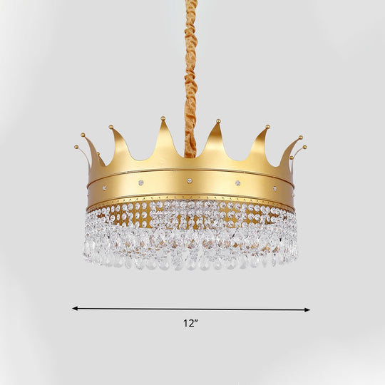 Gold Crown Chandelier With Crystal Droplets - Modern 4-Bulb Pendant Light For Living Room