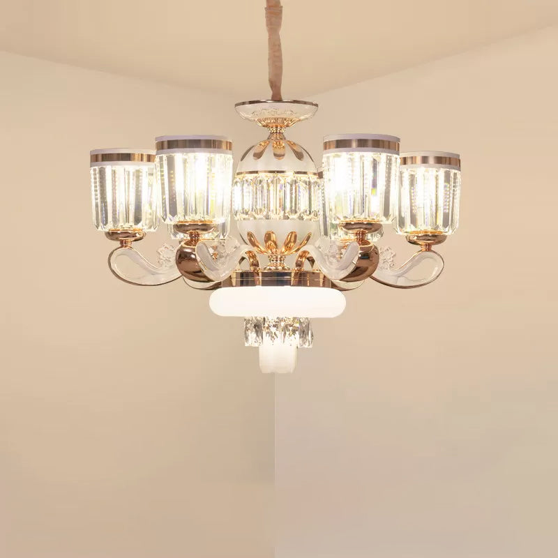 Modern Crystal Block Bell Chandelier With Gold Finish - 6/8 Heads