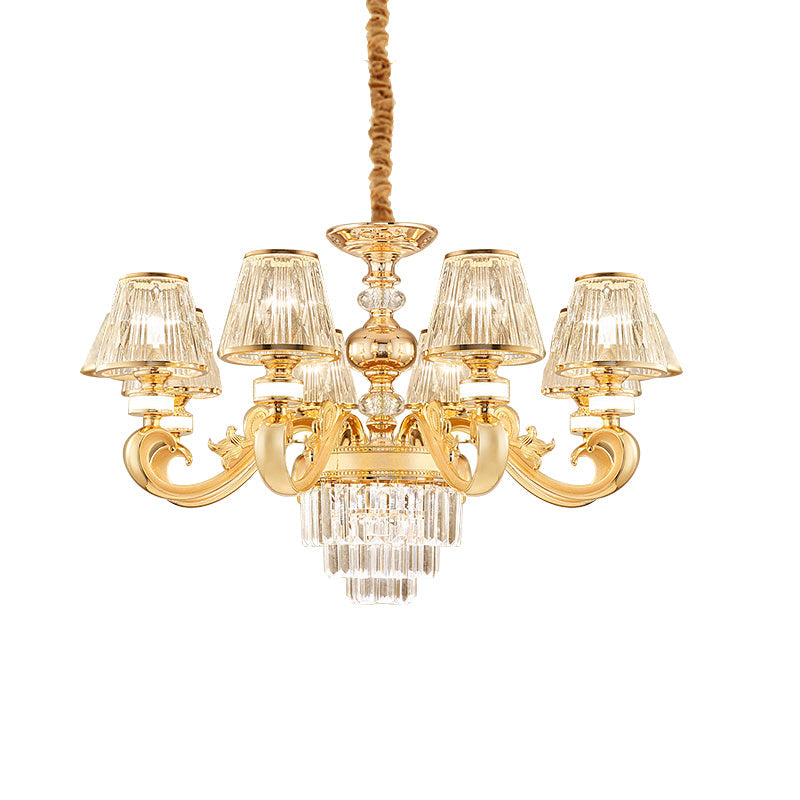 Modern 3-Tier Crystal Chandelier With Conic Shade - Gold Finish 6/8 Heads Living Room Hanging Lamp