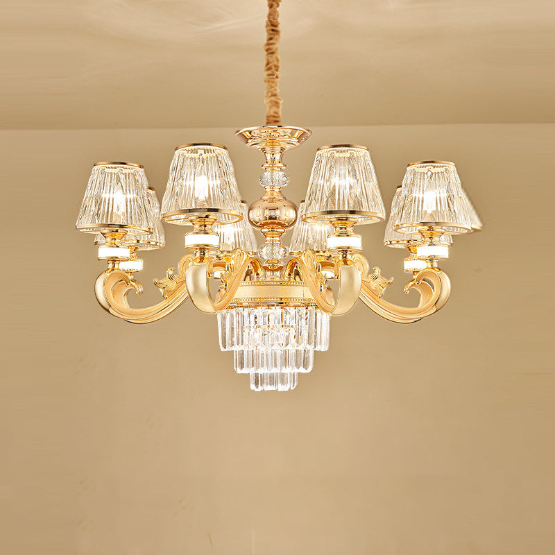 Modern 3-Tier Crystal Chandelier With Conic Shade - Gold Finish 6/8 Heads Living Room Hanging Lamp