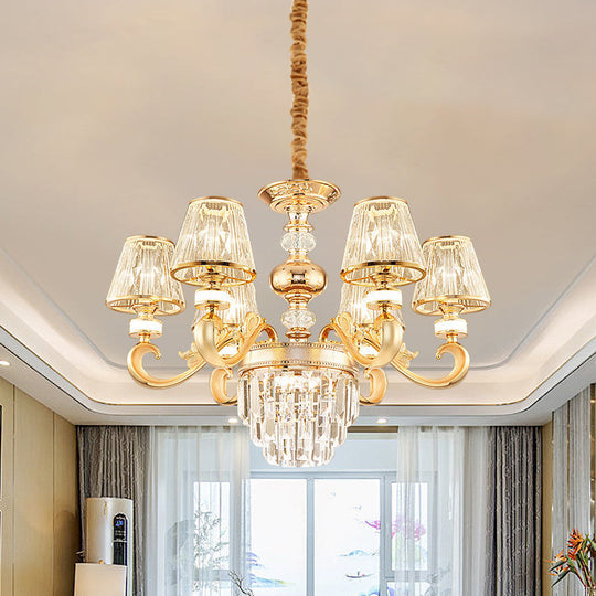 Modern 3-Tier Crystal Chandelier With Conic Shade - Gold Finish 6/8 Heads Living Room Hanging Lamp