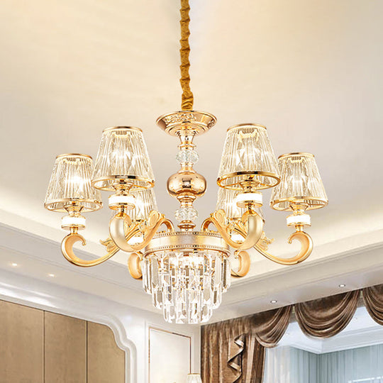 Modern 3-Tier Crystal Chandelier With Conic Shade - Gold Finish 6/8 Heads Living Room Hanging Lamp